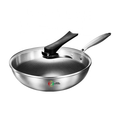 Chinese wok pan non-stick pan stainless steel frying pan wok black cube honeycomb skillet non smoke with stand up glass Lid