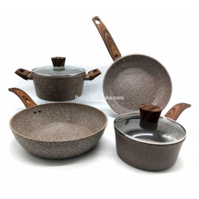 HOT SALE KITCHENWARE ALUMINUM COOKWARE SET WITH WOODEN HANDLE