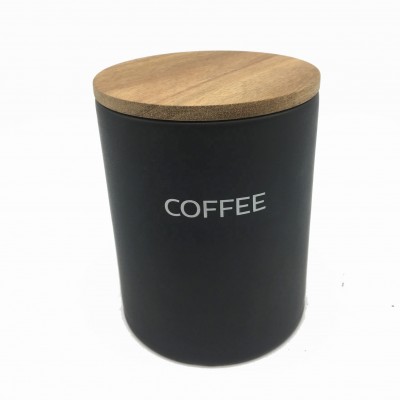 Matt black ceramic air tight canister with wood lid set Coffee Sugar Tea Salt Utensils holder